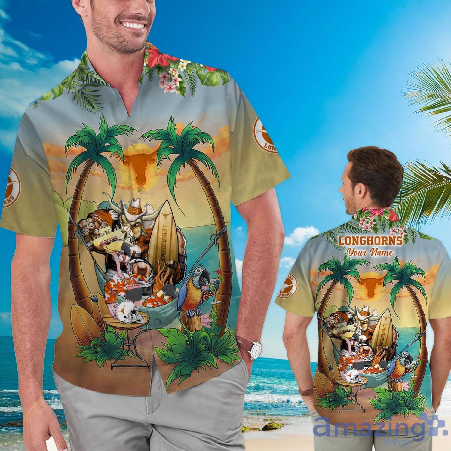 Custom Name Texas Longhorns With Flamingo Parrot Tropical Beach Coconut Tree Hawaiian Shirt Product Photo 1