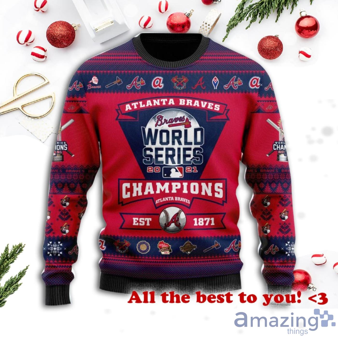 Custom Namw Atlanta Braves 2022 World Series Trophy Ugly Christmas