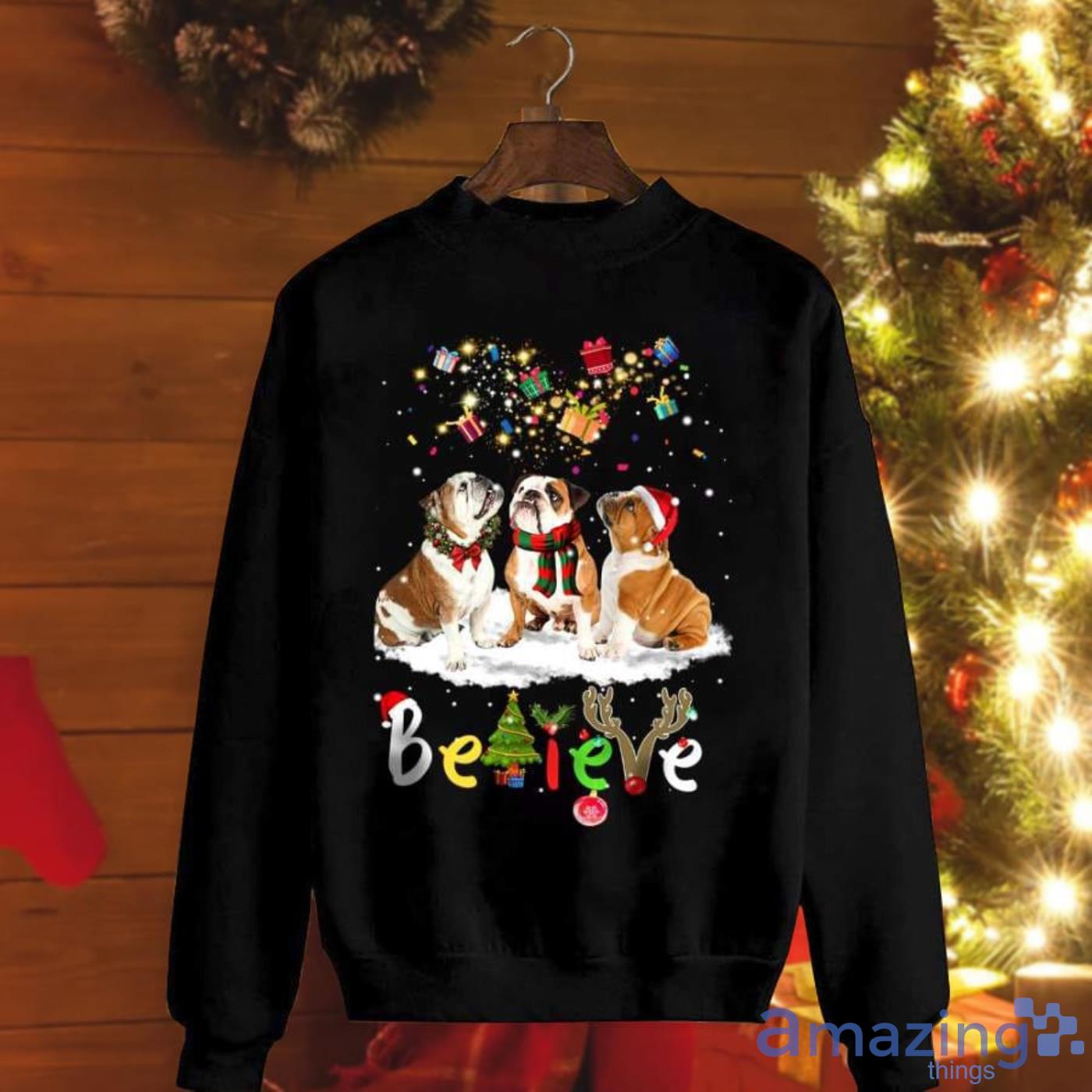 Cute Bulldogs Believe Xmas Light Great For Dog Lover Christmas Sweatshirt Product Photo 1