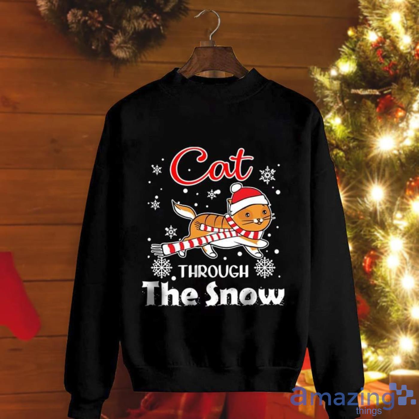 Cute Cat Through The Snow Snowflakes Santa Hat Christmas Sweatshirt Product Photo 1