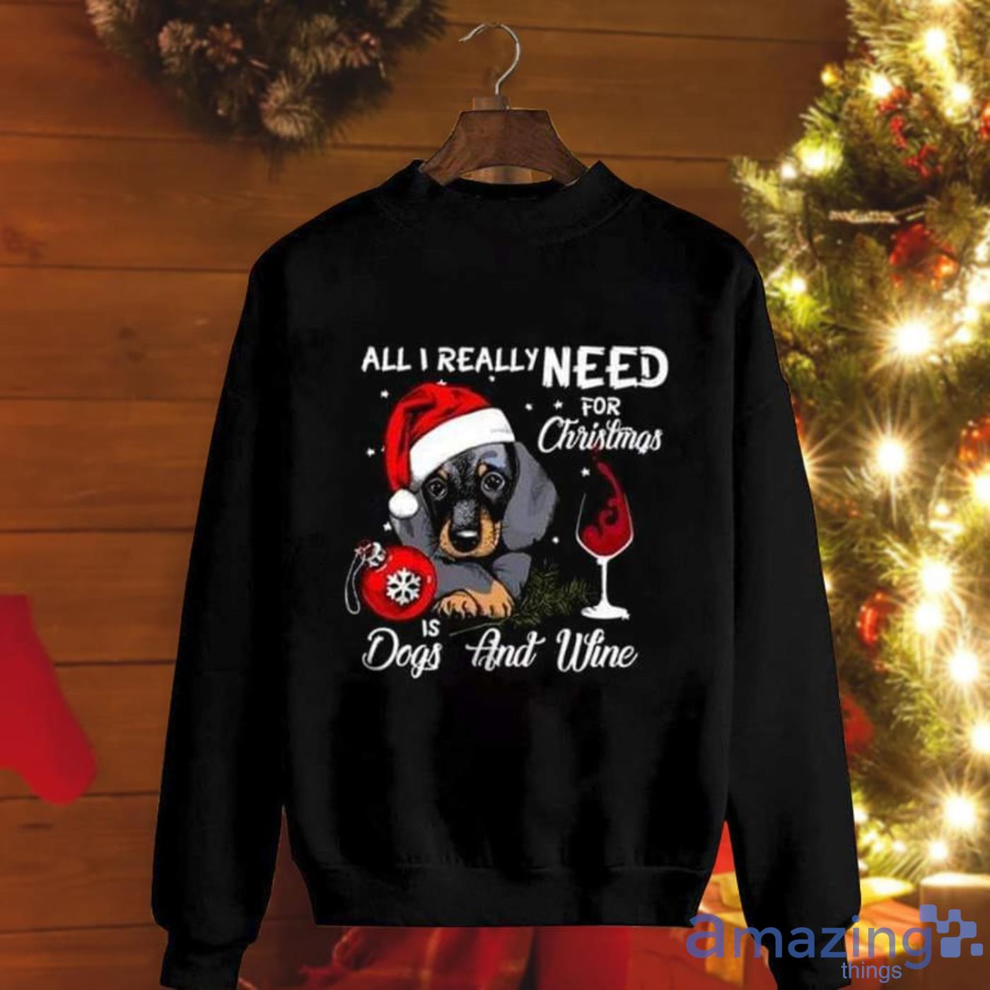 Cute Dachshund All I Really Need For Christmas Is Dogs & Wine Santa Hat Red Christmas Sweatshirt Product Photo 1