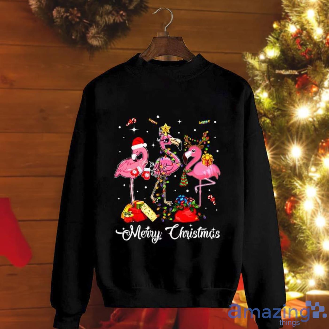 Cute Flamingo Colorful Light Santa Hat Candy Cane Gift Christmas Sweatshirt Product Photo 1