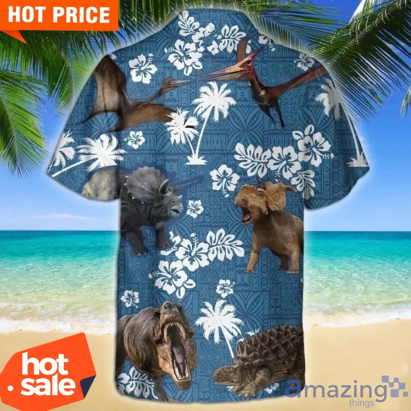 Dinosaur Blue Tribal Pattern Hawaiian Shirt Hawaiian Shirts For Men image Dinosaur Blue Tribal Pattern Hawaiian Shirt Hawaiian Shirts For Men Product Photo 2