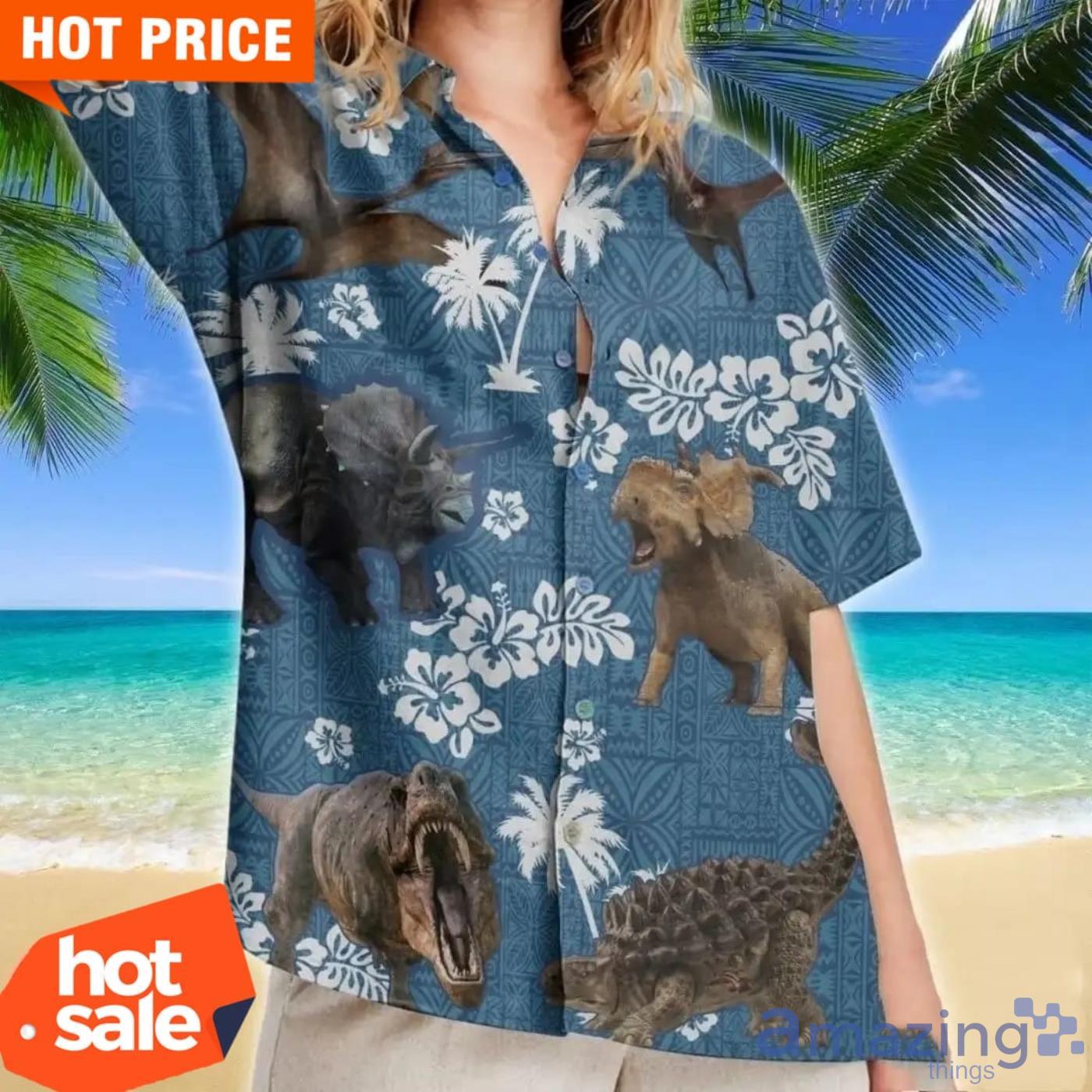 Dinosaur Blue Tribal Pattern Hawaiian Shirt Hawaiian Shirts For Men image Dinosaur Blue Tribal Pattern Hawaiian Shirt Hawaiian Shirts For Men Product Photo 4