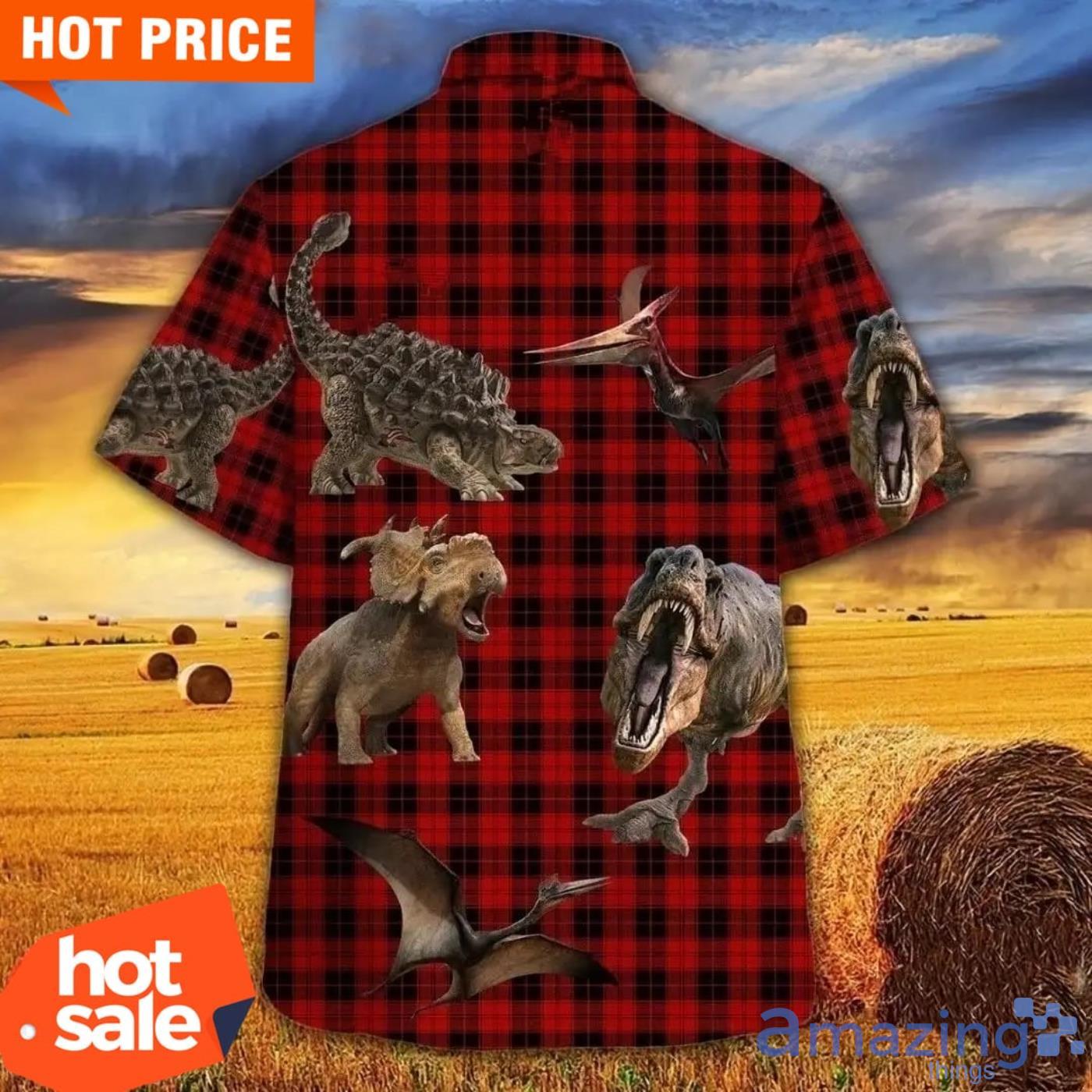 Dinosaur Red Tartan Pattern Hawaiian Shirt Animal Lovers Aloha Shirt image Dinosaur Red Tartan Pattern Hawaiian Shirt Animal Lovers Aloha Shirt Product Photo 2