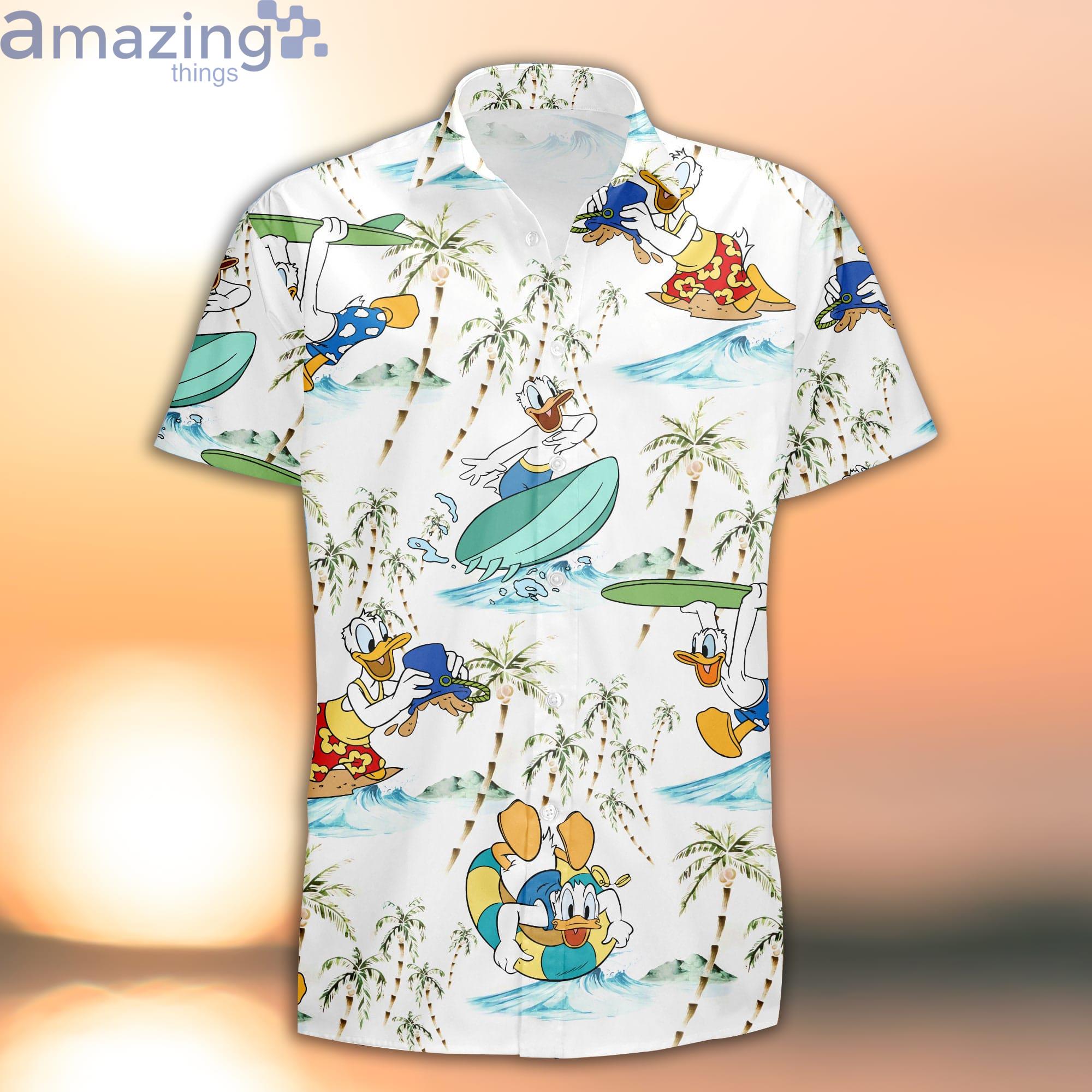 Donald Duck Surfing Green White Summer Tropical Disney Hawaiian Shirt