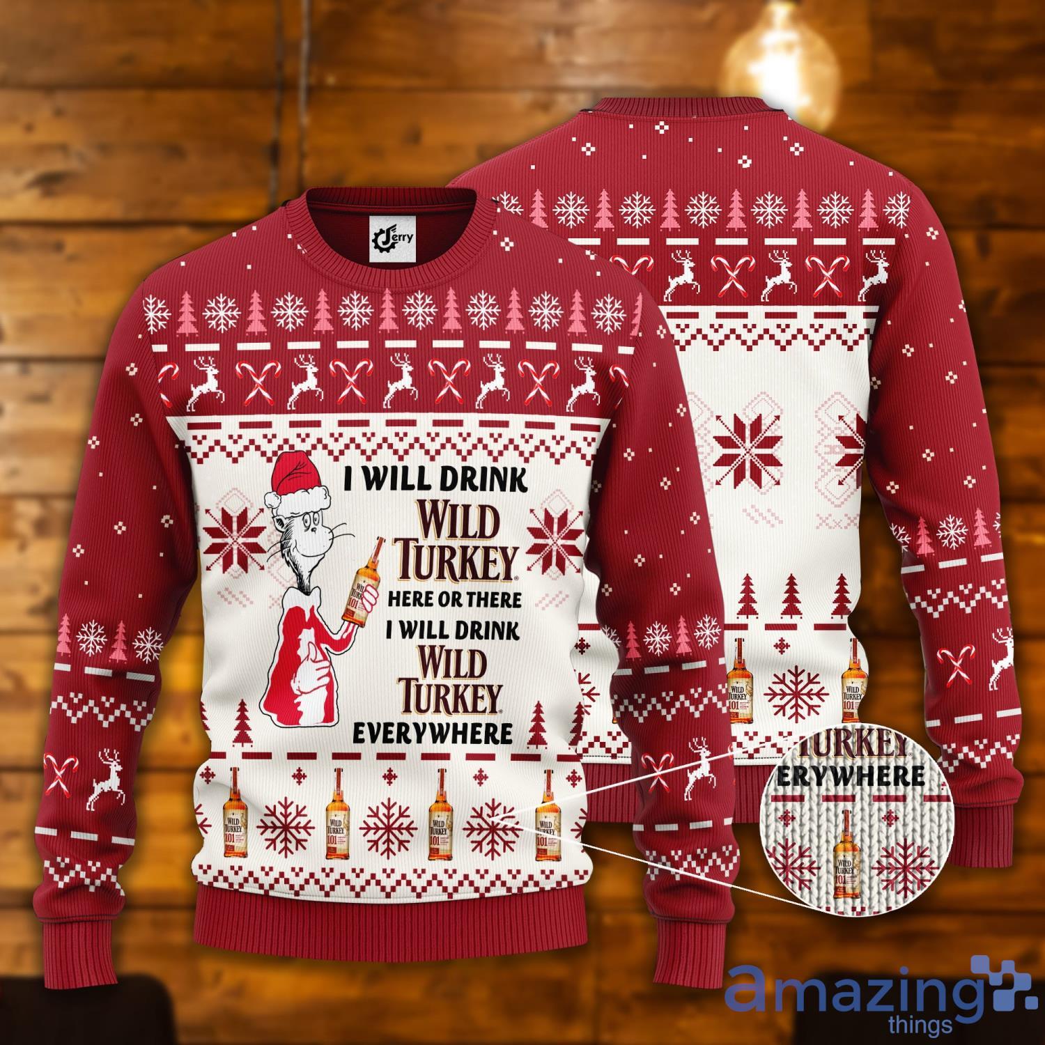 Dr. Seuss I Will Drink Wild Turkey Here Or There Ugly Christmas Sweater Product Photo 1