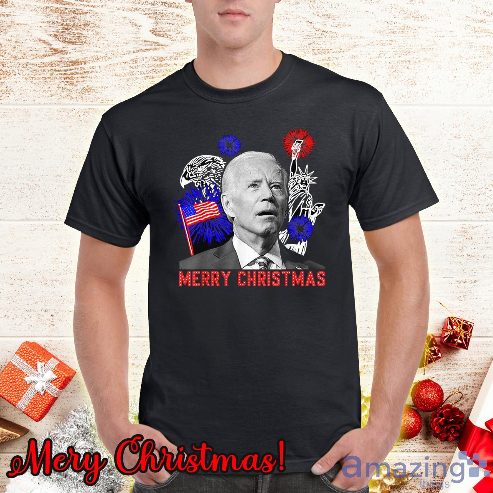 Eagle And Statue Of Liberty Funny Joe Biden Merry Christmas In 4th Of July Usa Flag T-Shirt Product Photo 1