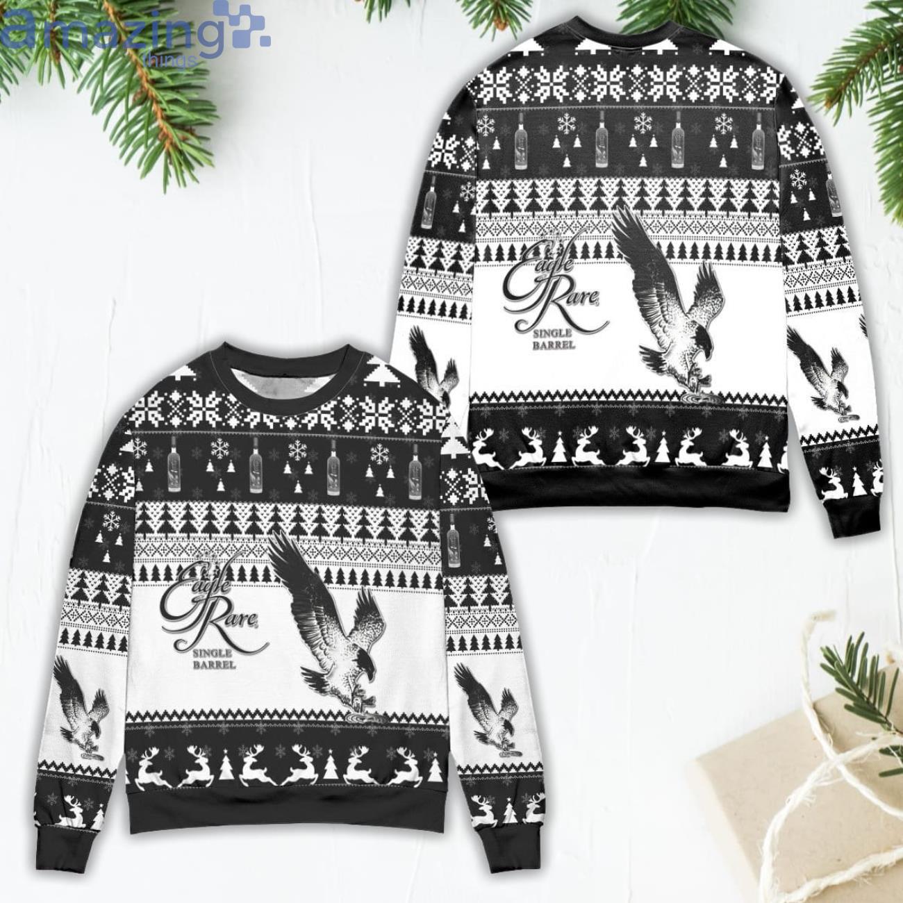 Eagle Rare Bourbon Whiskey Pine Tree & Reindeer Ugly Christmas Sweater White Product Photo 1 Eagle Rare Bourbon Whiskey Pine Tree & Reindeer Ugly Christmas Sweater White Product Photo 1