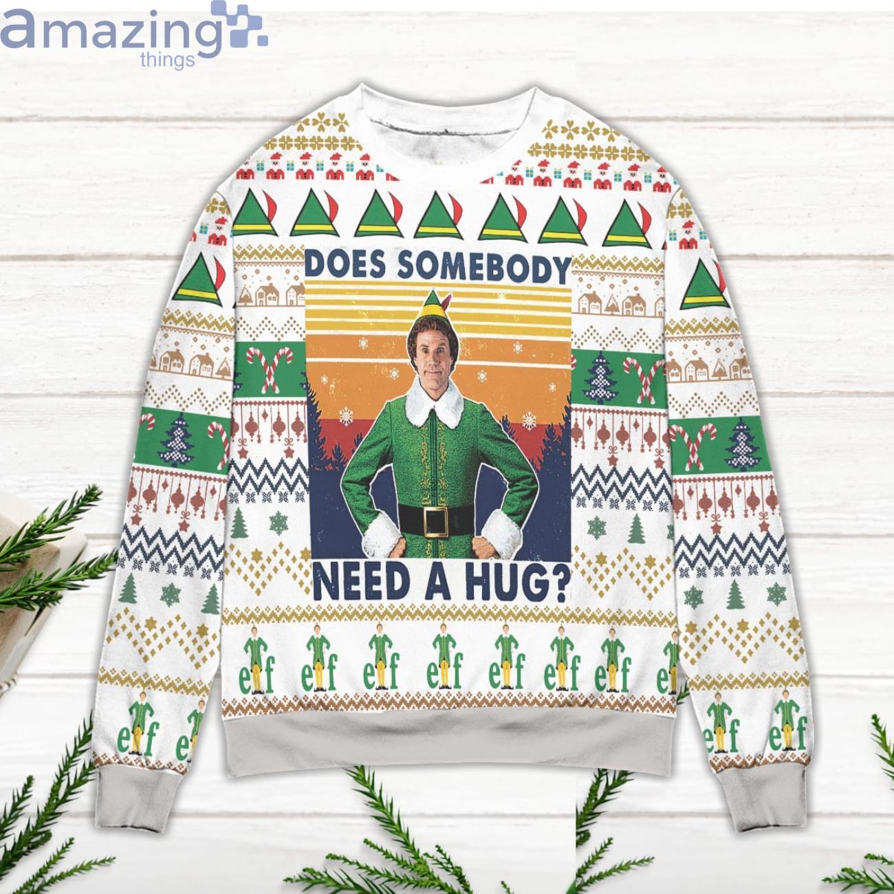 Elf Does Somebody Need A Hug Ugly Christmas Sweater image Elf Does Somebody Need A Hug Ugly Christmas Sweater Product Photo 2