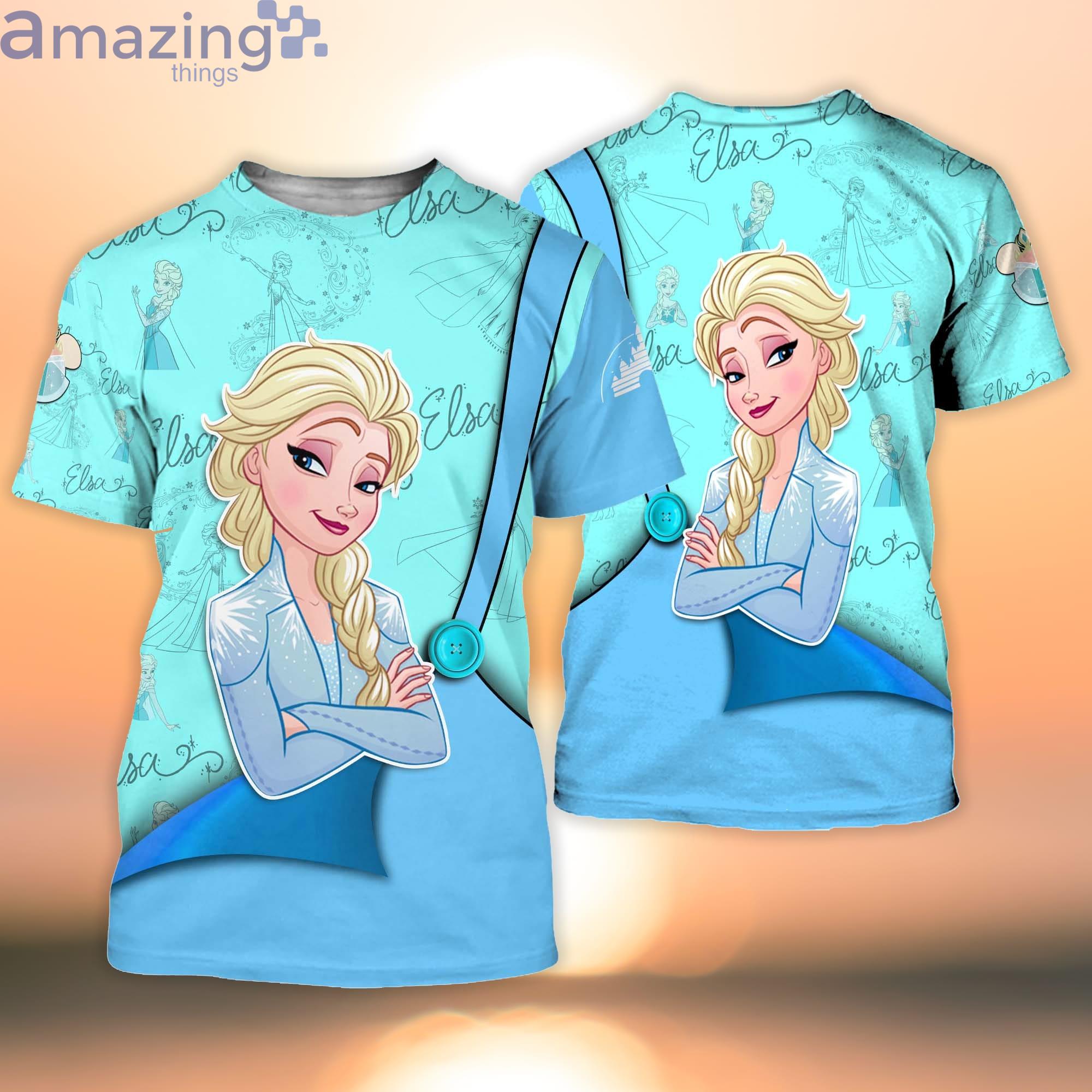 Elsa Princess Frozen Blue Button Overalls Patterns Disney Cartoon 3D T-Shirt Product Photo 1