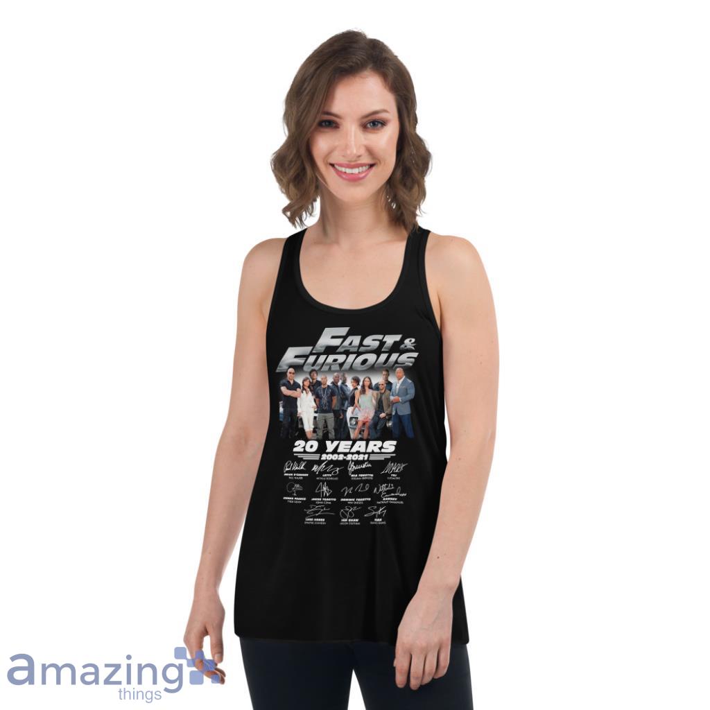 Fast & Furious 20 Years 2002 2021 Character Signature Custom Year Shirt image Fast & Furious 20 Years 2002-2021 Character Signature Custom Year Shirt - Womens Flowy Racerback Tank
