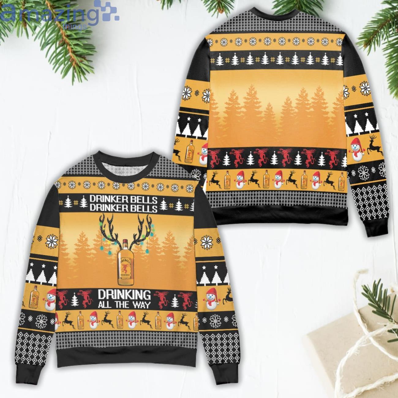 Fireball Cinnamon Whisky Drinker Bells Drinking All The Way Ugly Christmas Sweater Product Photo 1