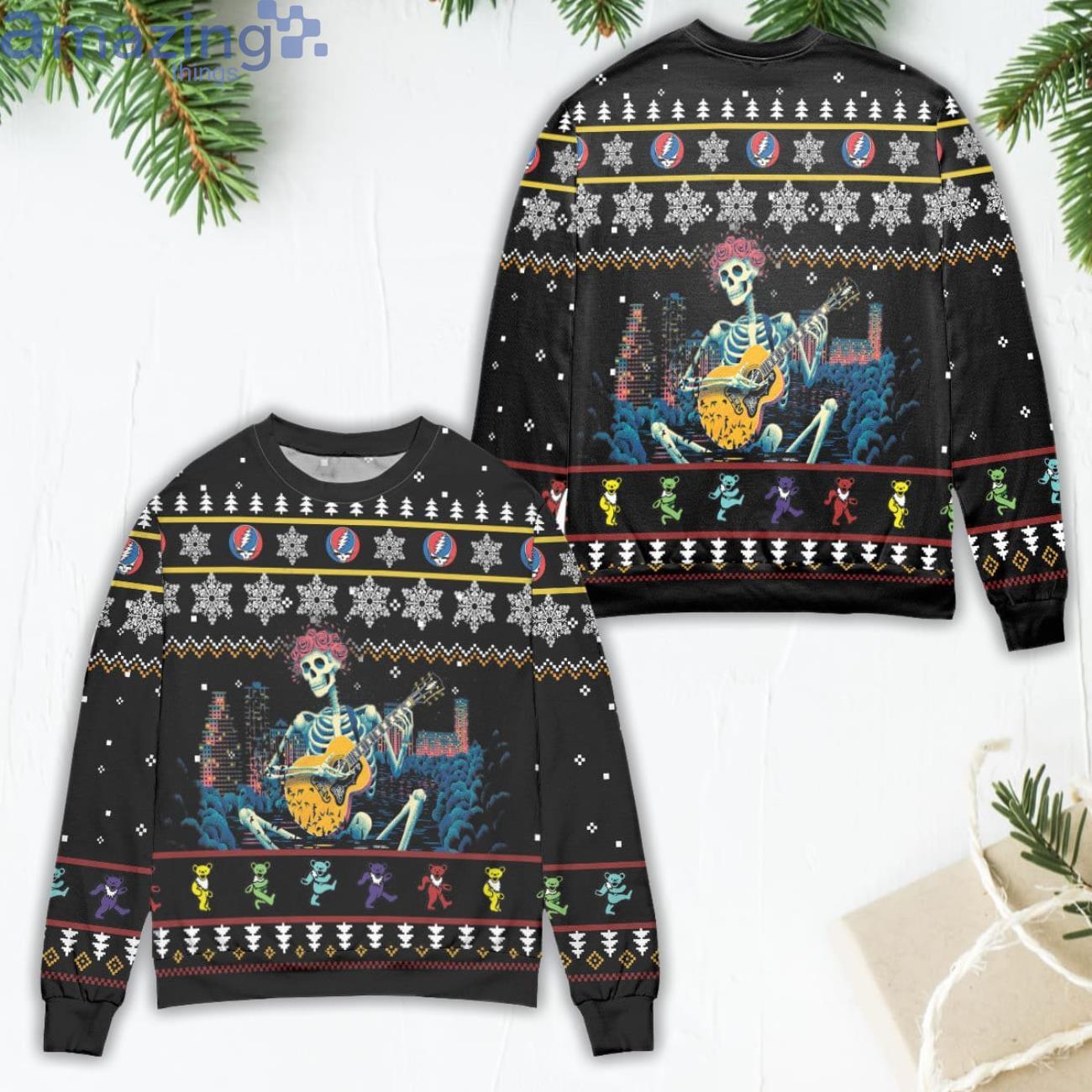 Grateful Dead Skeleton Playing Guitar Ugly Christmas Sweater Product Photo 1 Grateful Dead Skeleton Playing Guitar Ugly Christmas Sweater Product Photo 1