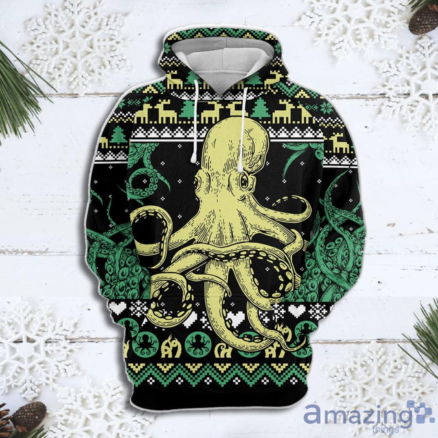 Green Octopus Christmas Pattern All Over Print 3D Sweater Hoodie Product Photo 1