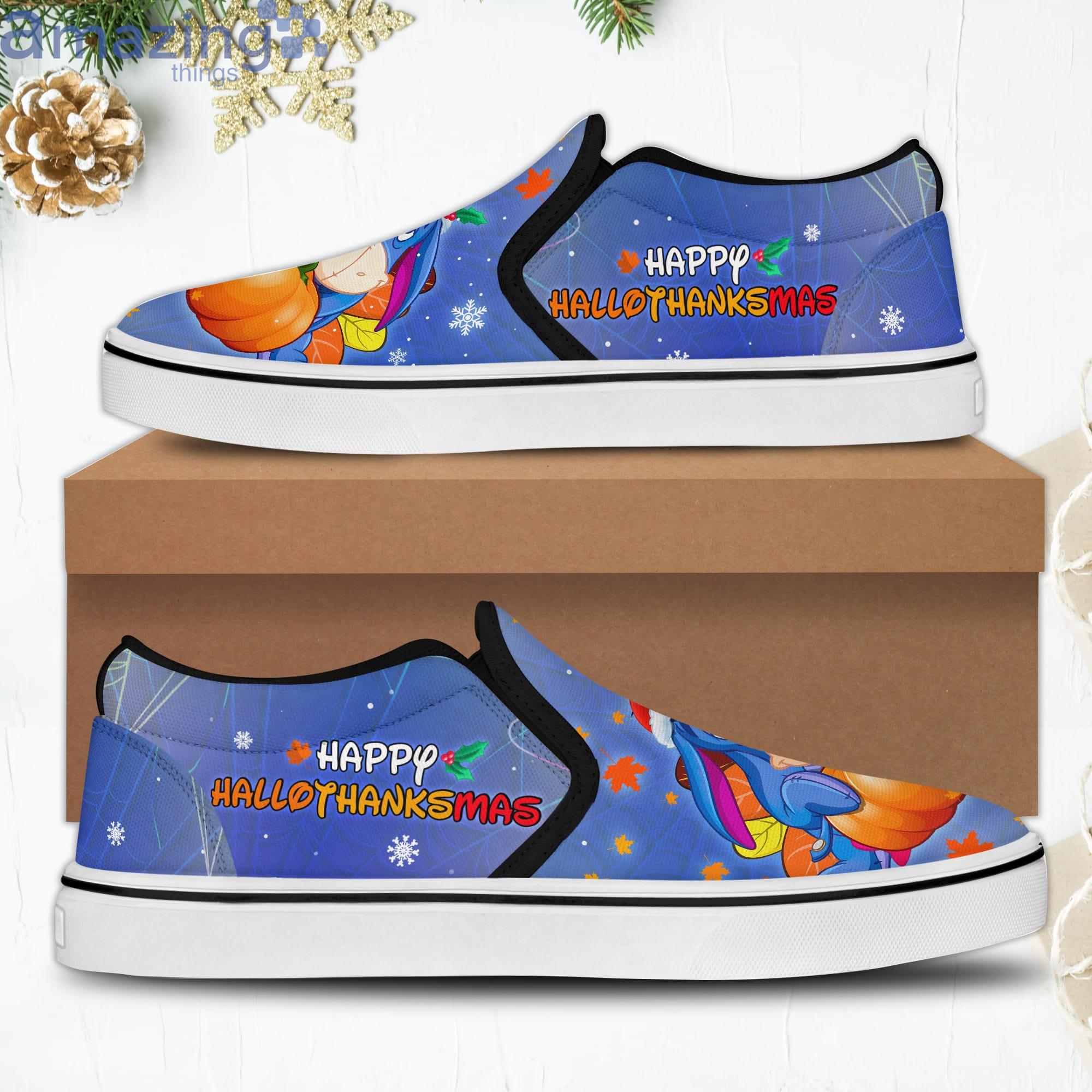 Happy Hallothanksmas Eeyore Blue Disney Halloween Thanksgiving Christmas Slip On Shoes image Happy Hallothanksmas Eeyore Blue Disney Halloween Thanksgiving Christmas Slip On Shoes Product Photo 2