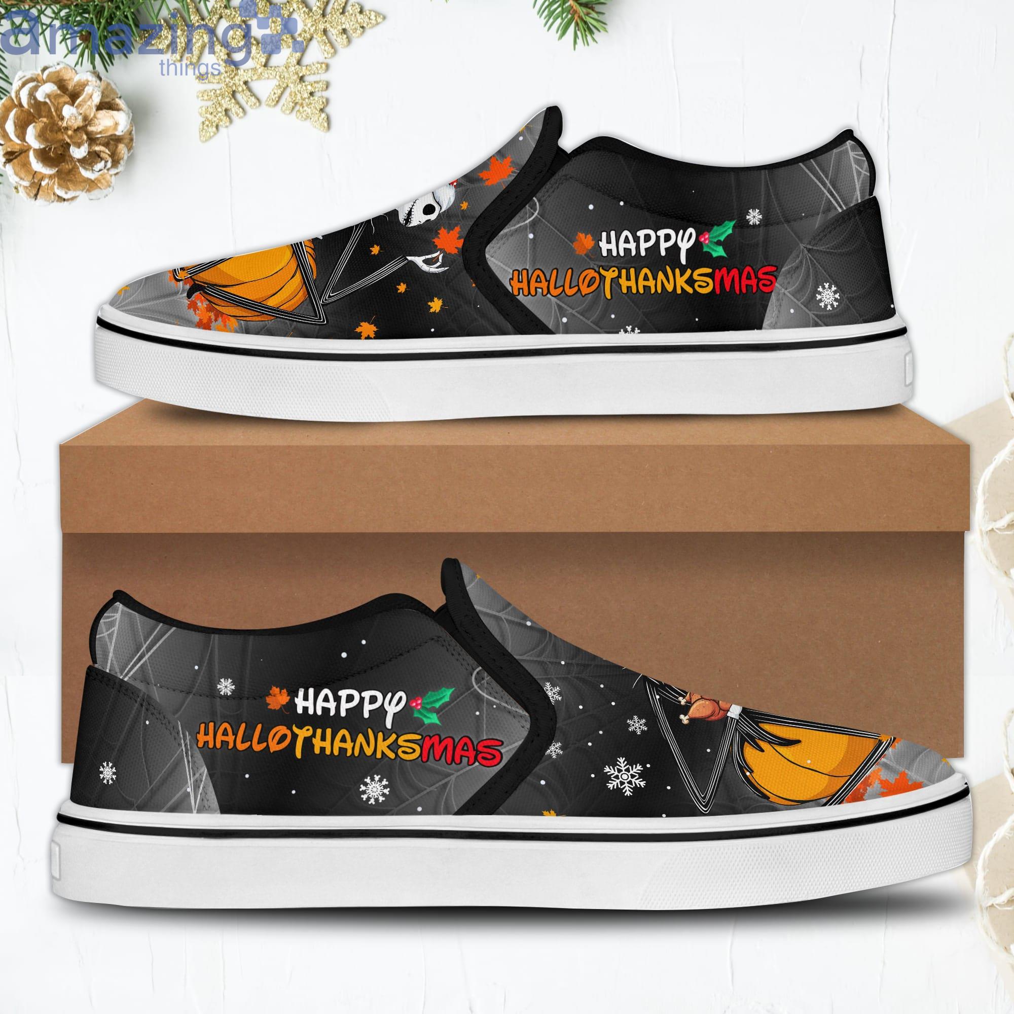 Happy Hallothanksmas Jack Skellington Black Disney Halloween Thanksgiving Christmas Slip On Shoes image Happy Hallothanksmas Jack Skellington Black Disney Halloween Thanksgiving Christmas Slip On Shoes Product Photo 2