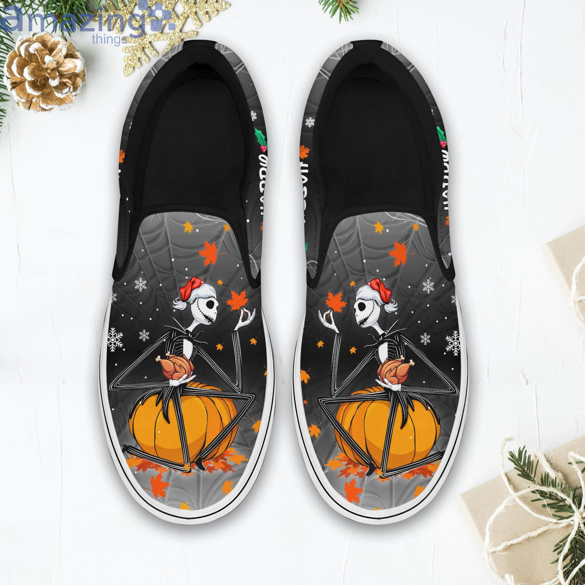 Happy Hallothanksmas Jack Skellington Black Disney Halloween Thanksgiving Christmas Slip On Shoes Product Photo 1 Happy Hallothanksmas Jack Skellington Black Disney Halloween Thanksgiving Christmas Slip On Shoes Product Photo 1