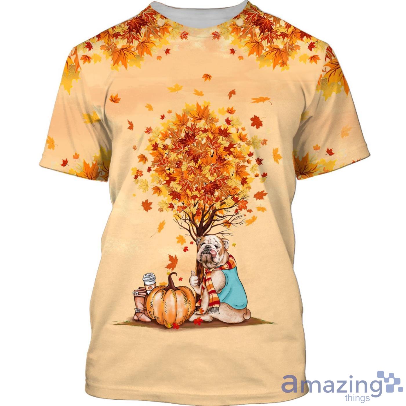 Happy Halloween Autumn Tree And Bulldog All Over Print 3D T Shirt Product Photo 1