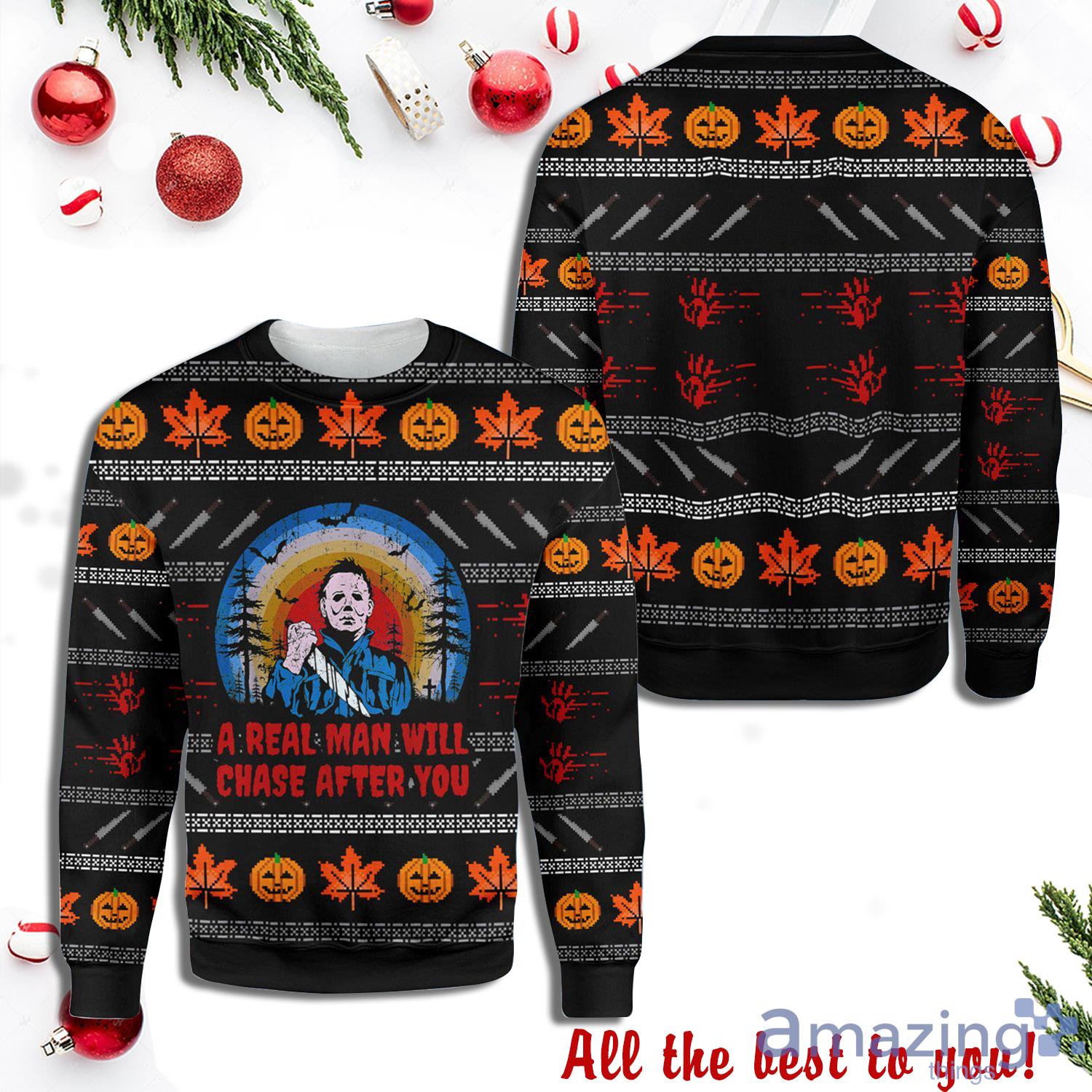 Happy Halloween & Xmas Michael Myers Halloween Horror Ugly Sweater Product Photo 1