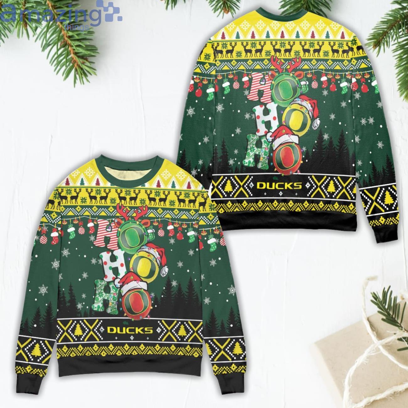 Ho Ho Ho Santa Claus & Reindeer Ugly Christmas Sweater Product Photo 1