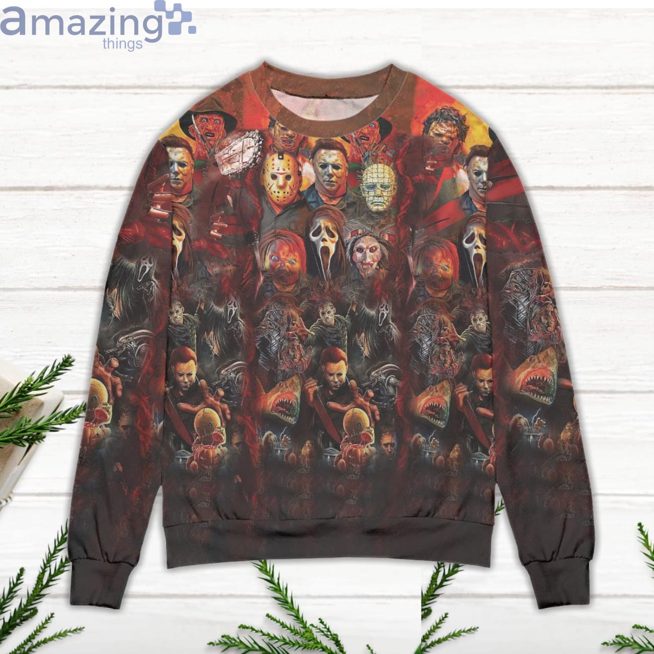 Horror Characters All Over The Place Ugly Christmas Sweater image Horror Characters All Over The Place Ugly Christmas Sweater Product Photo 3