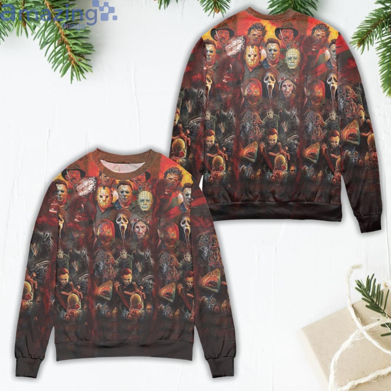 Horror Characters All Over The Place Ugly Christmas Sweater Product Photo 1 Horror Characters All Over The Place Ugly Christmas Sweater Product Photo 1