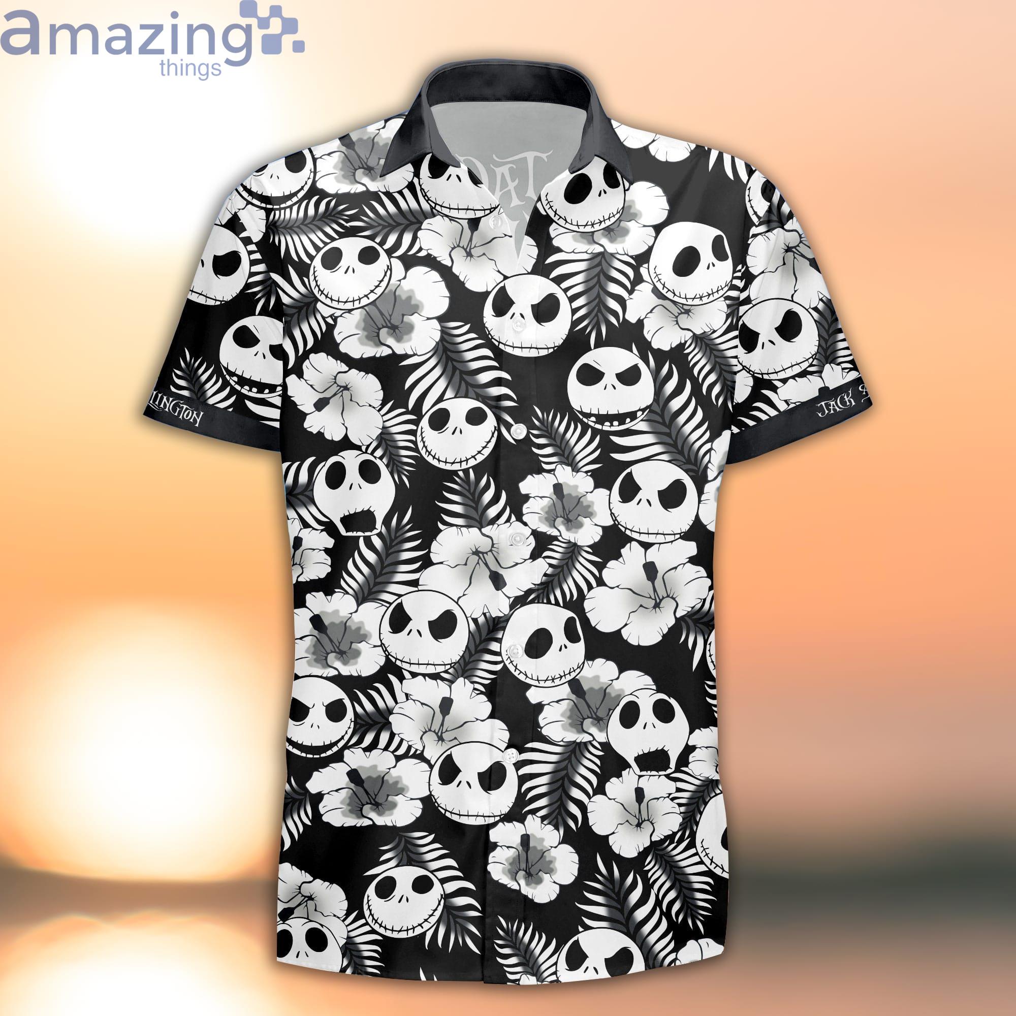 Jack Skellington Black White Floral Strips Summer Tropical Disney Hawaiian Shirt Product Photo 1