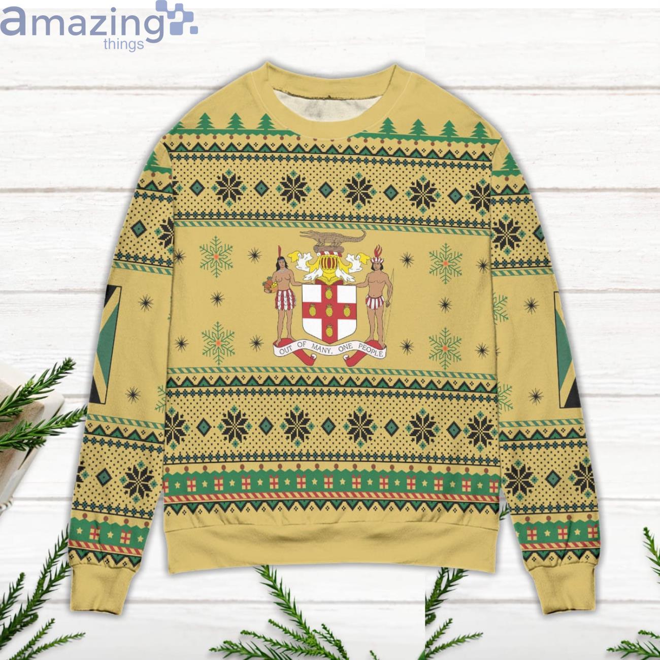 Jamaica Motto Out Of Many One People Snowflake Pattern Ugly Christmas Sweater image Jamaica Motto Out Of Many One People Snowflake Pattern Ugly Christmas Sweater Product Photo 2