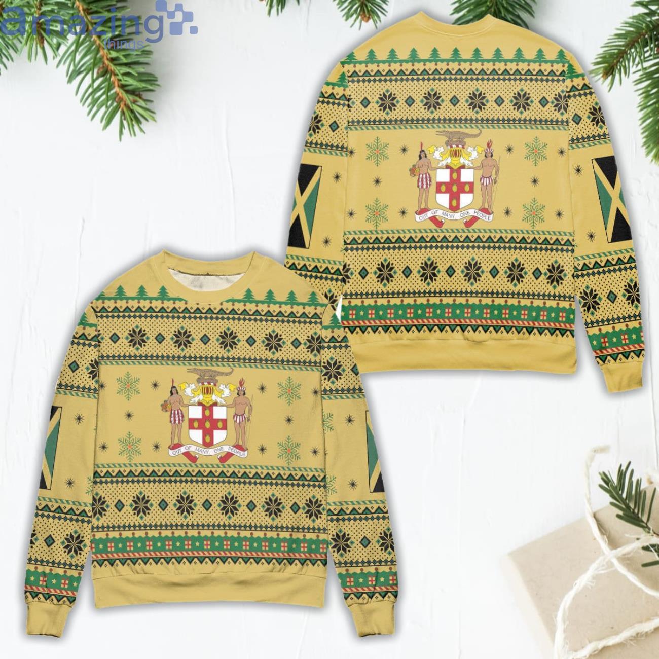 Jamaica Motto Out Of Many One People Snowflake Pattern Ugly Christmas Sweater Product Photo 1 Jamaica Motto Out Of Many One People Snowflake Pattern Ugly Christmas Sweater Product Photo 1