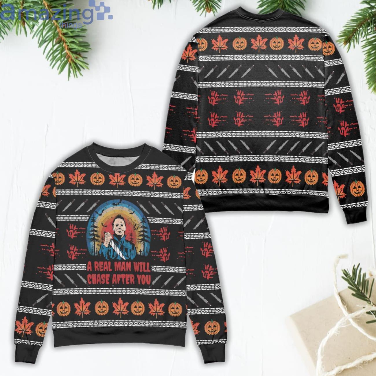 Jason Voorhees A Real Man Will Chase After You Ugly Christmas Sweater Product Photo 1 Jason Voorhees A Real Man Will Chase After You Ugly Christmas Sweater Product Photo 1