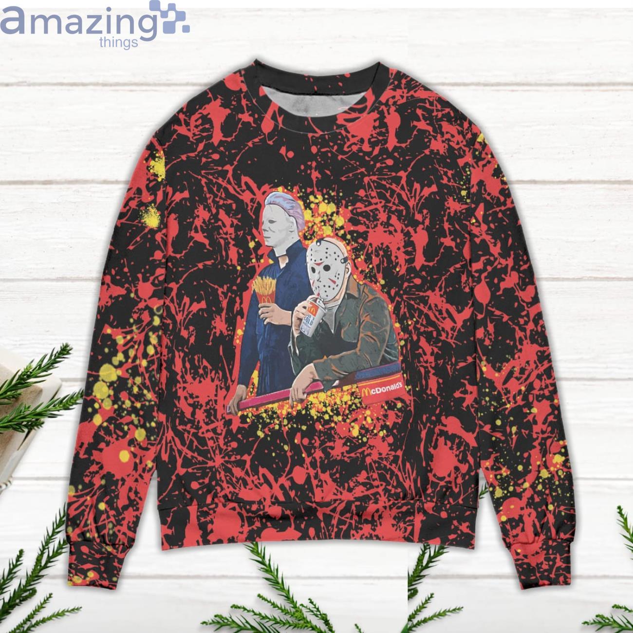 Jason Voorhees And Michael Myers Mc Donald's Ugly Christmas Sweater image Jason Voorhees And Michael Myers Mc Donald's Ugly Christmas Sweater