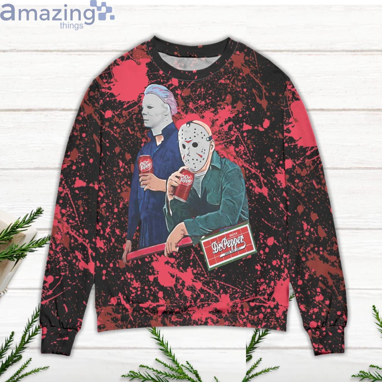 Jason Voorhees Drinking Dr. Pepper Splatter Paint Ugly Christmas Sweater image Jason Voorhees Drinking Dr. Pepper Splatter Paint Ugly Christmas Sweater Product Photo 2