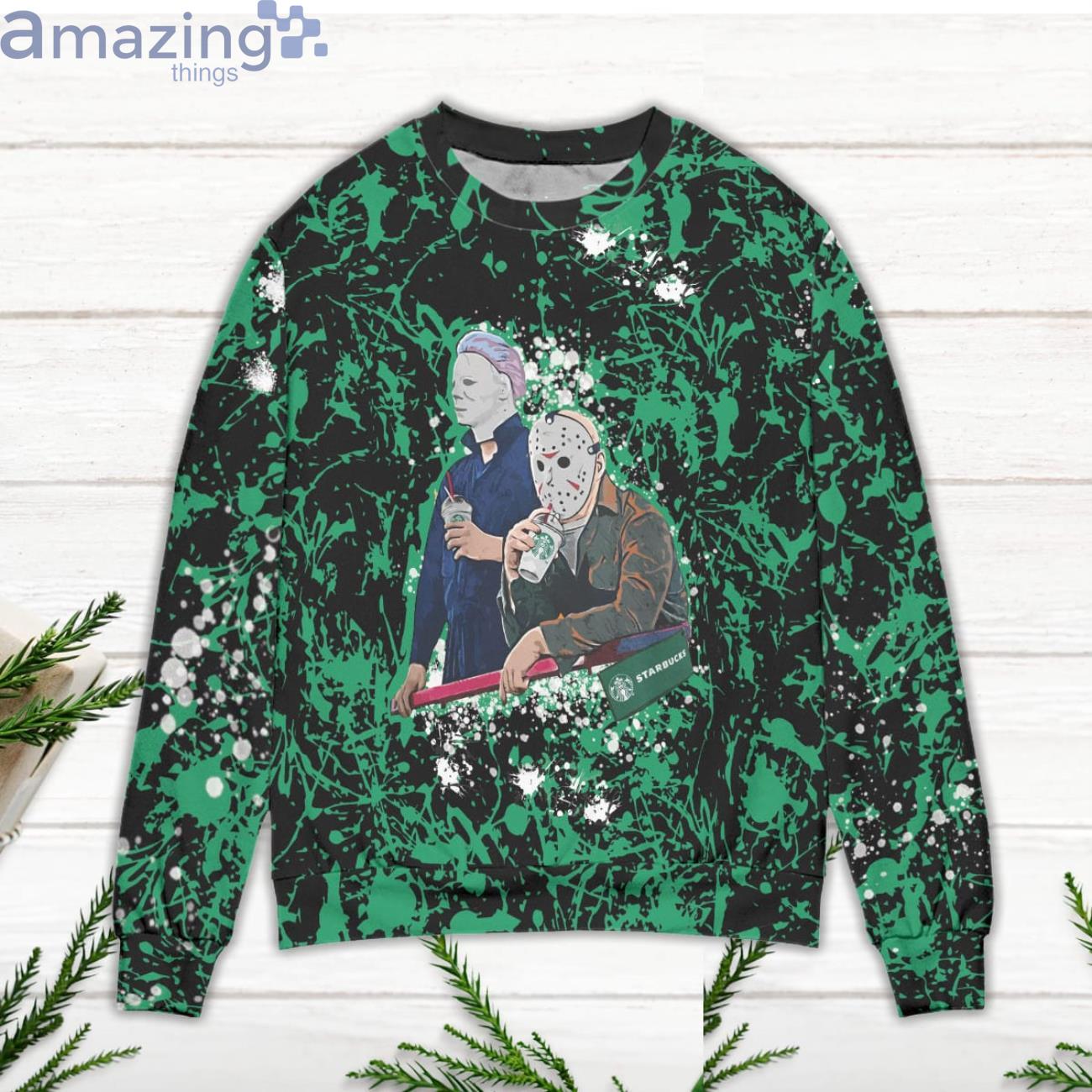 Jason Voorhees Drinking Starbucks Ugly Christmas Sweater image Jason Voorhees Drinking Starbucks Ugly Christmas Sweater Product Photo 3