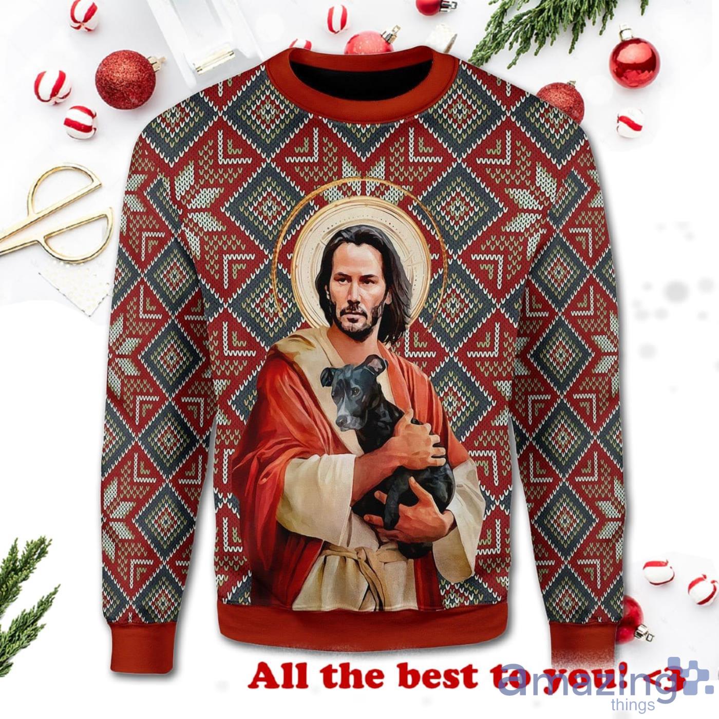 Jesus Keanu Reeves With Dog Christmas Ugly Sweater Product Photo 1
