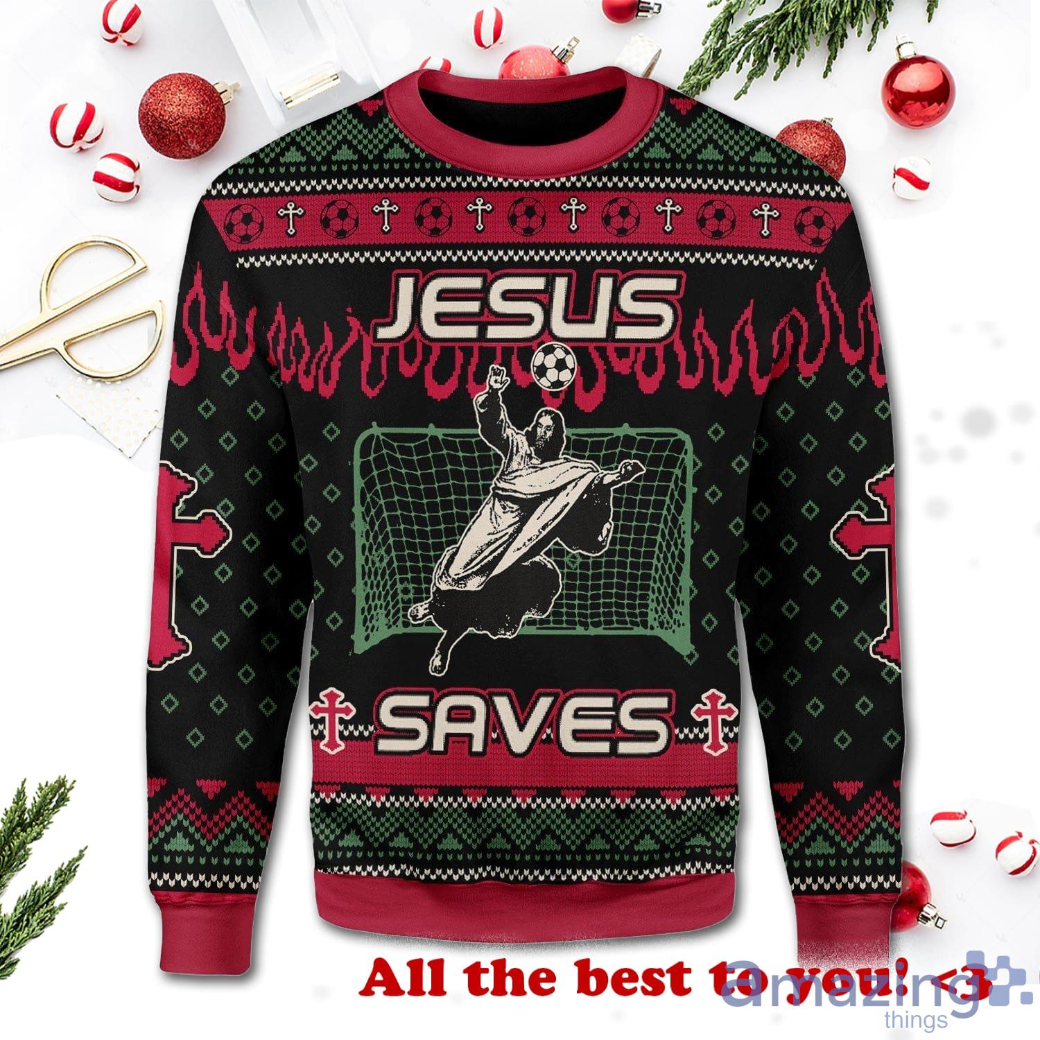 Jesus Saves Jesus Playing Football Funny Knitting Pattern Christmas Ugly Sweater Product Photo 1