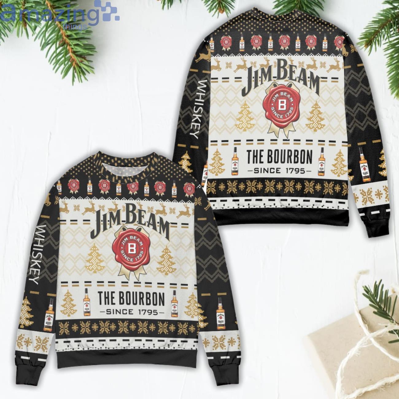 Jim Beam The Bourbon Since 1795 Pine Tree Pattern Ugly Christmas Sweater image Jim Beam The Bourbon Since 1795 Pine Tree Pattern Ugly Christmas Sweater Product Photo 2