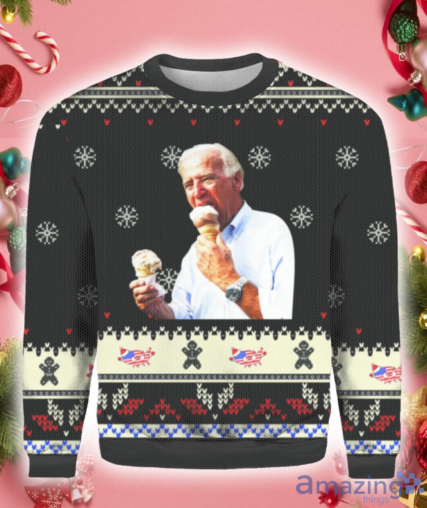 Joe Biden Eating Ice Cream Merry Christmas Ugly Sweater Hoodie 3D T Shirt Product Photo 1