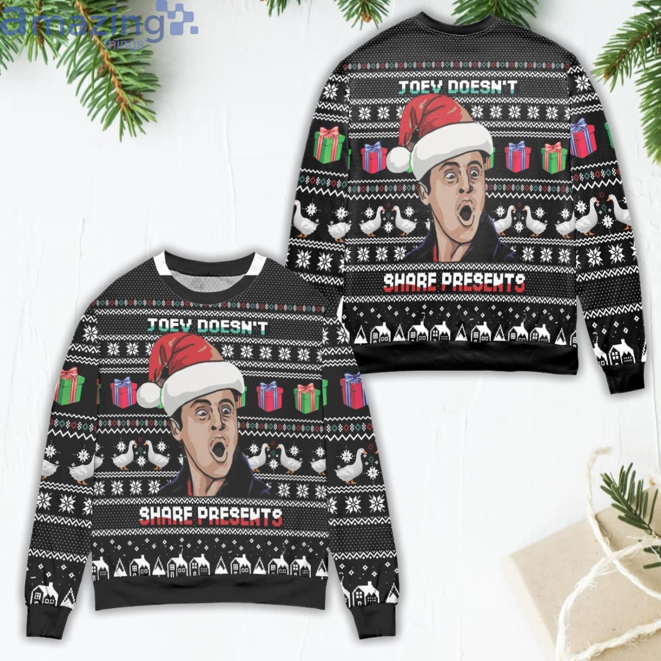 Joey Doesn't Share Present Friends Ugly Christmas Sweater image Joey Doesn't Share Present Friends Ugly Christmas Sweater Product Photo 1