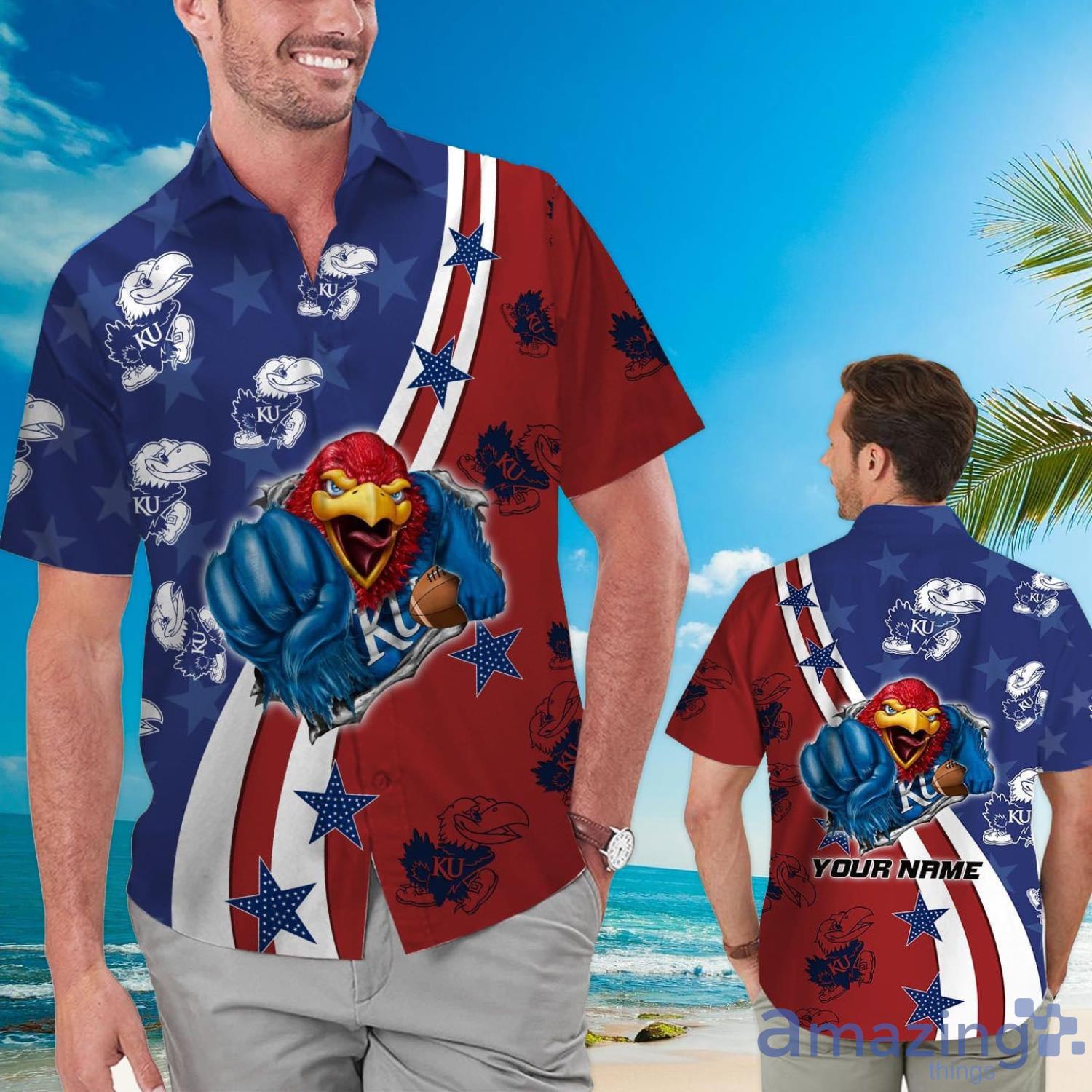 Kansas Jayhawks American Flag Custom Name Hawaiian Shirt Product Photo 1