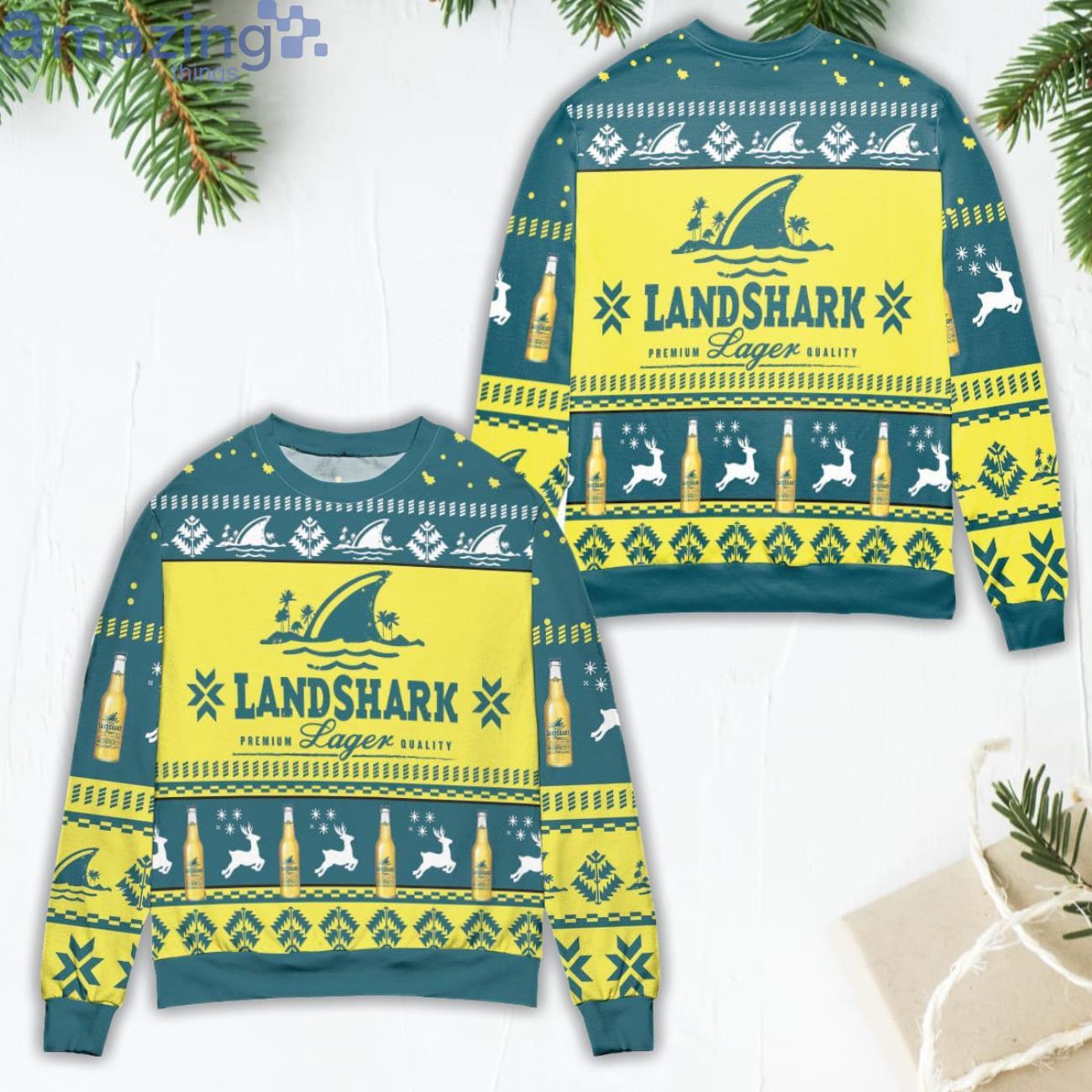 Landshark Lager Beer Logo Reindeer Pattern Yellow Blue Ugly Christmas Sweater Product Photo 1