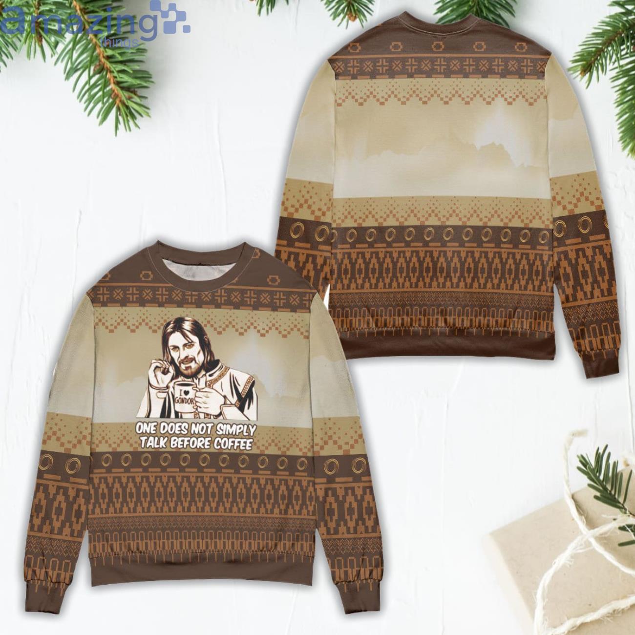 Lord Of The Rings One Does Not Simply Talk Before Coffee Ugly Christmas Sweater Product Photo 1 Lord Of The Rings One Does Not Simply Talk Before Coffee Ugly Christmas Sweater Product Photo 1