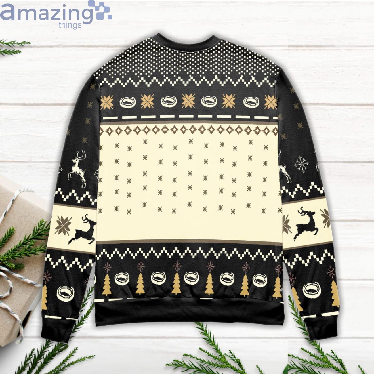 Lord of The Rings Taters Potatoes Recipe Pine Tree & Reindeer Pattern Black Ugly Christmas Sweater image Lord of The Rings Taters Potatoes Recipe Pine Tree & Reindeer Pattern Black Ugly Christmas Sweater Product Photo 3