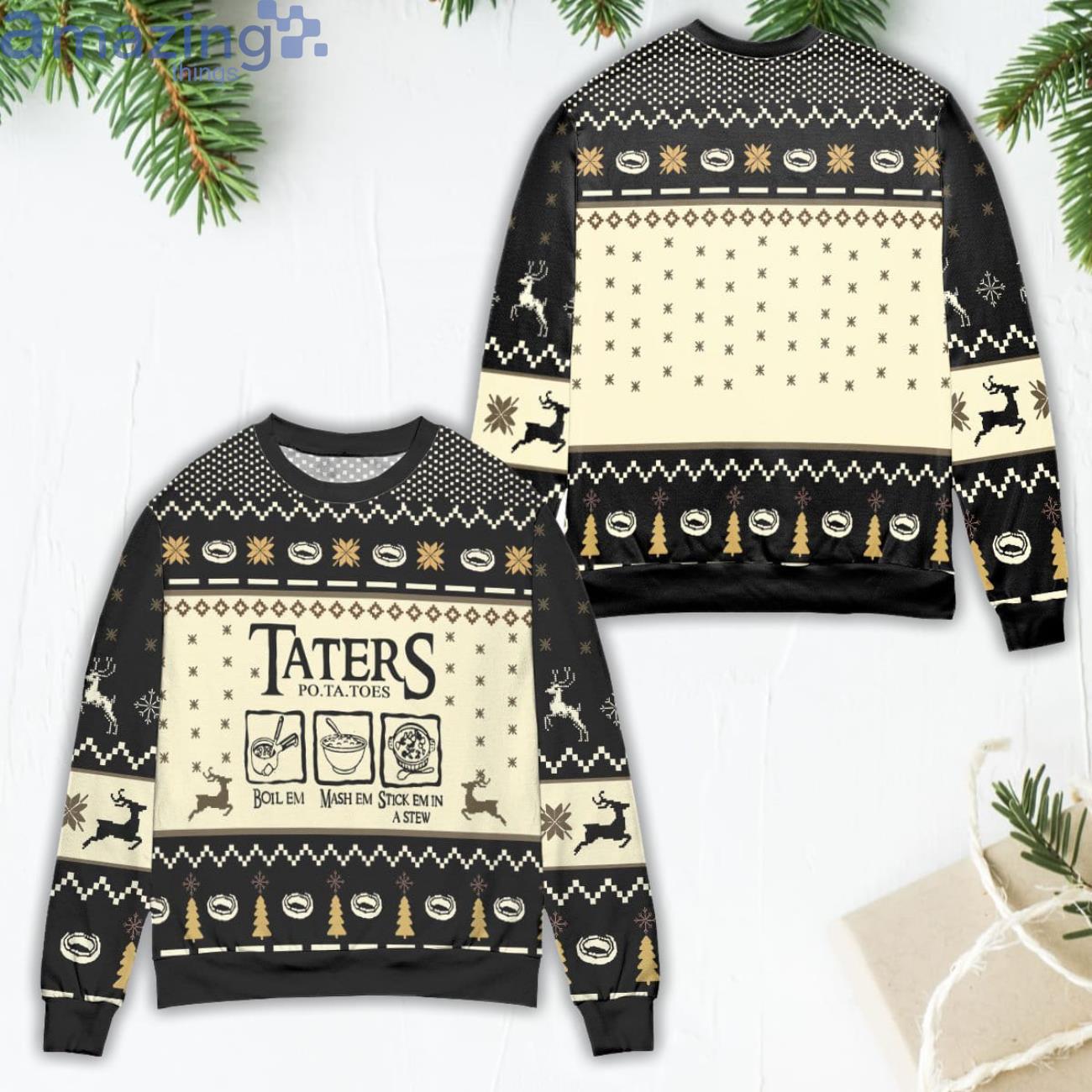 Lord of The Rings Taters Potatoes Recipe Pine Tree & Reindeer Pattern Black Ugly Christmas Sweater Product Photo 1 Lord of The Rings Taters Potatoes Recipe Pine Tree & Reindeer Pattern Black Ugly Christmas Sweater Product Photo 1
