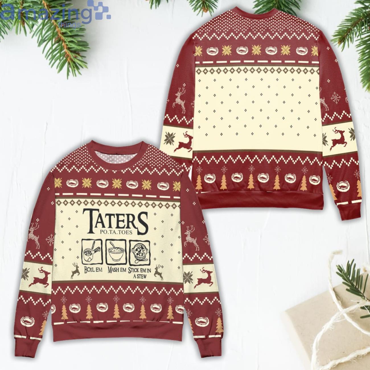 Lord of The Rings Taters Potatoes Recipe Pine Tree & Reindeer Pattern Ugly Christmas Sweater Product Photo 1 Lord of The Rings Taters Potatoes Recipe Pine Tree & Reindeer Pattern Ugly Christmas Sweater Product Photo 1