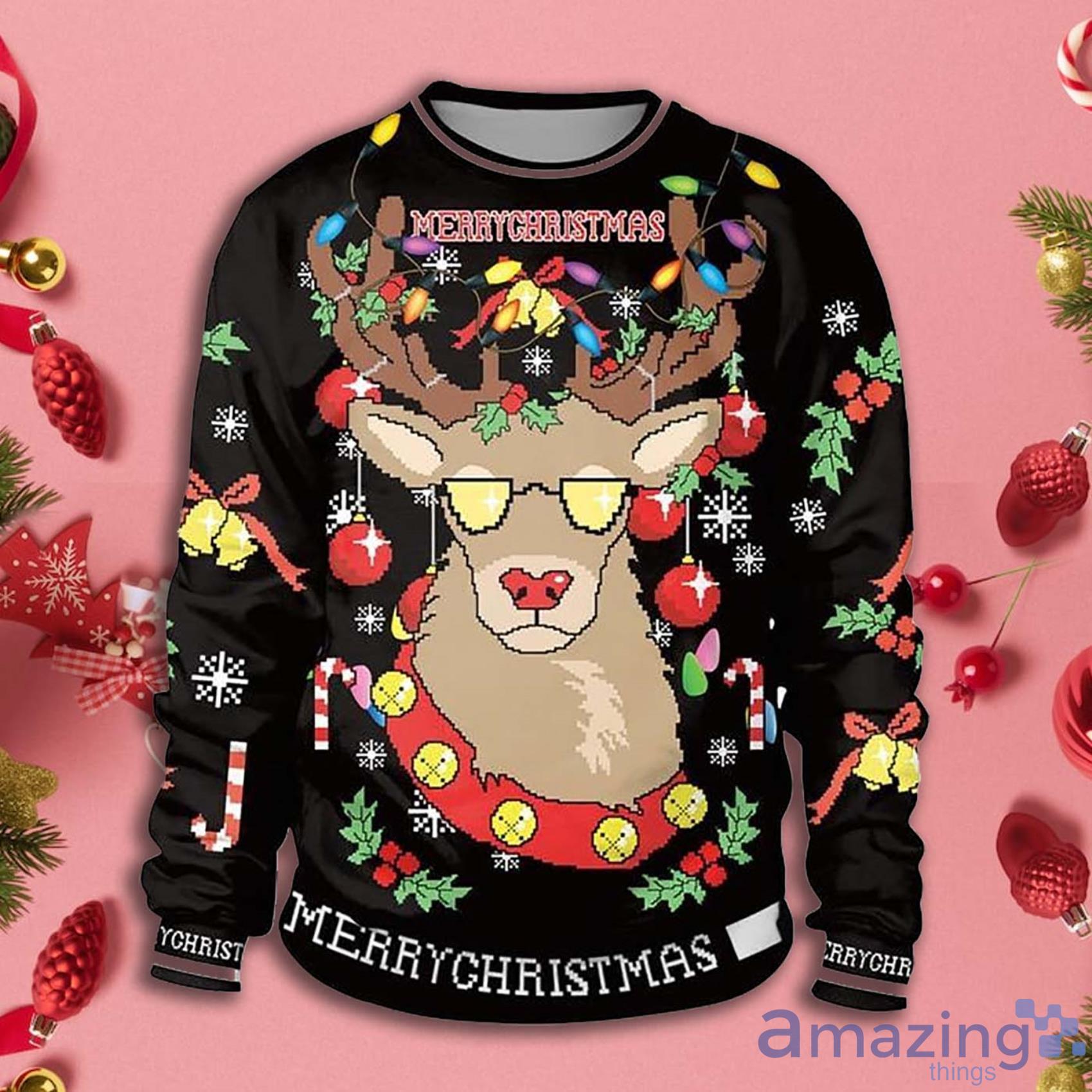 Merry Christmas Deer And Christmas Light Ugly Sweater Product Photo 1