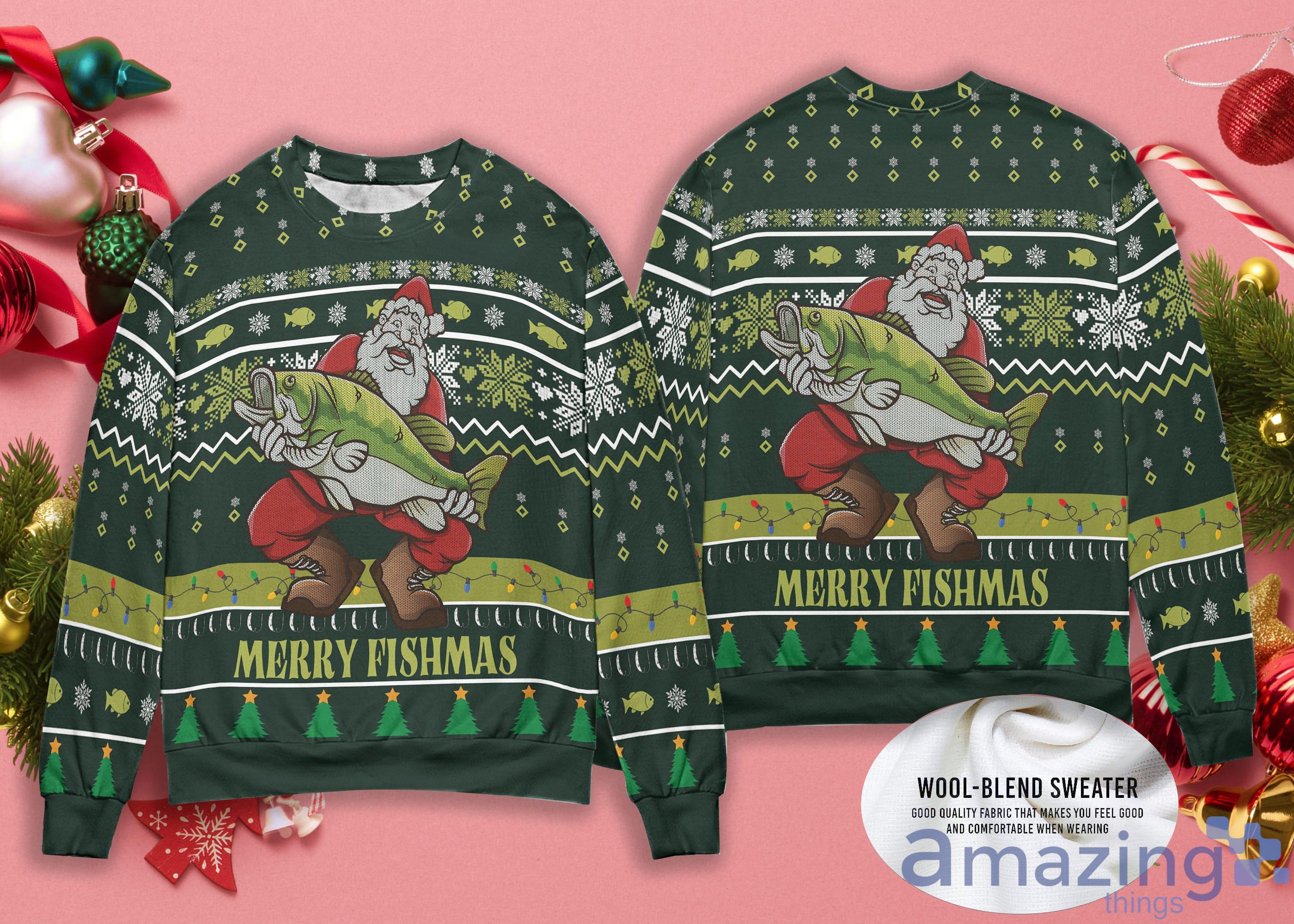 Merry Fishmas Christmas Holiday Gift For Fisherman Santa Hat Ugly Christmas Sweater Product Photo 1