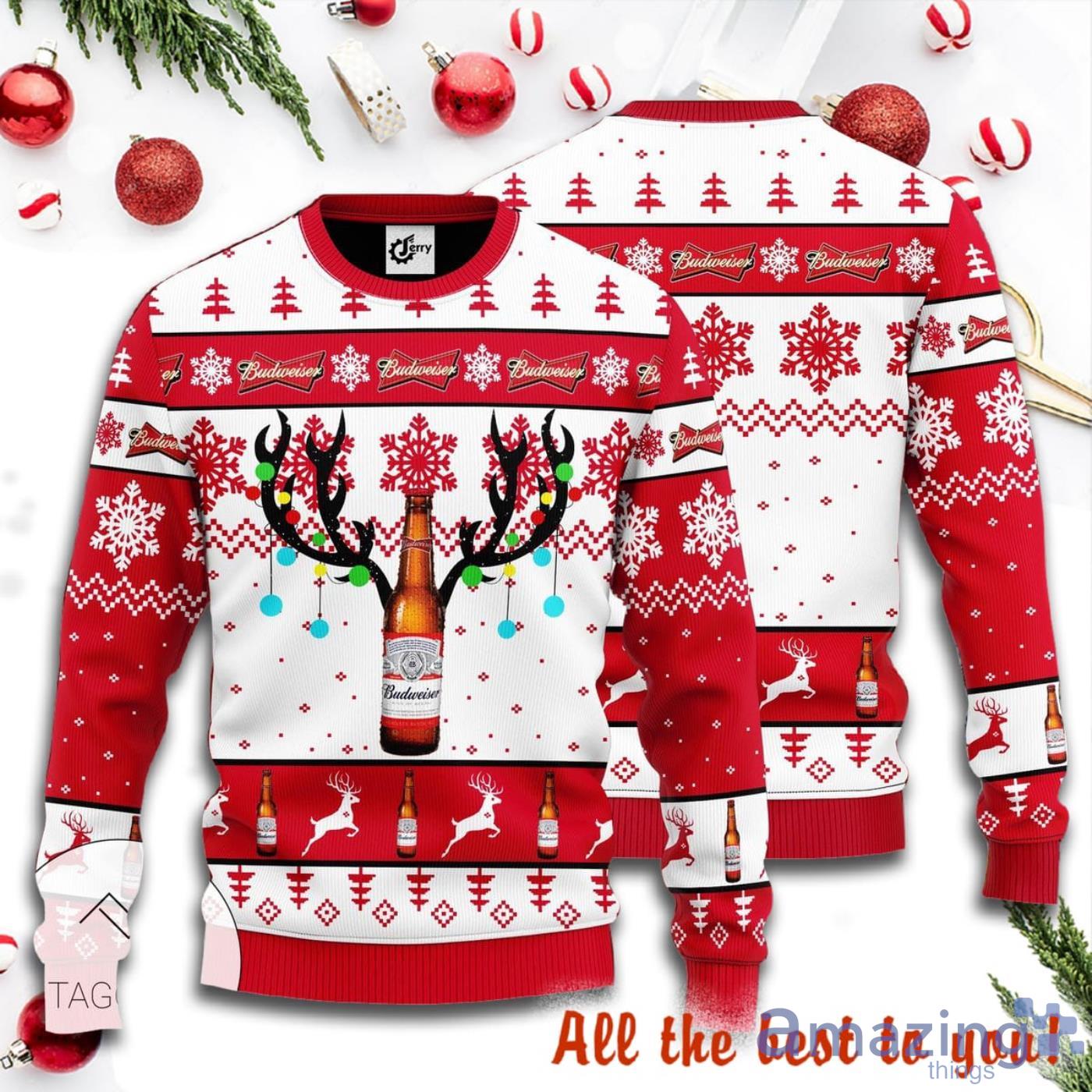 Merry Xmas Budweiser Reindeer Christmas Light Knitted Ugly Christmas Sweater Product Photo 1