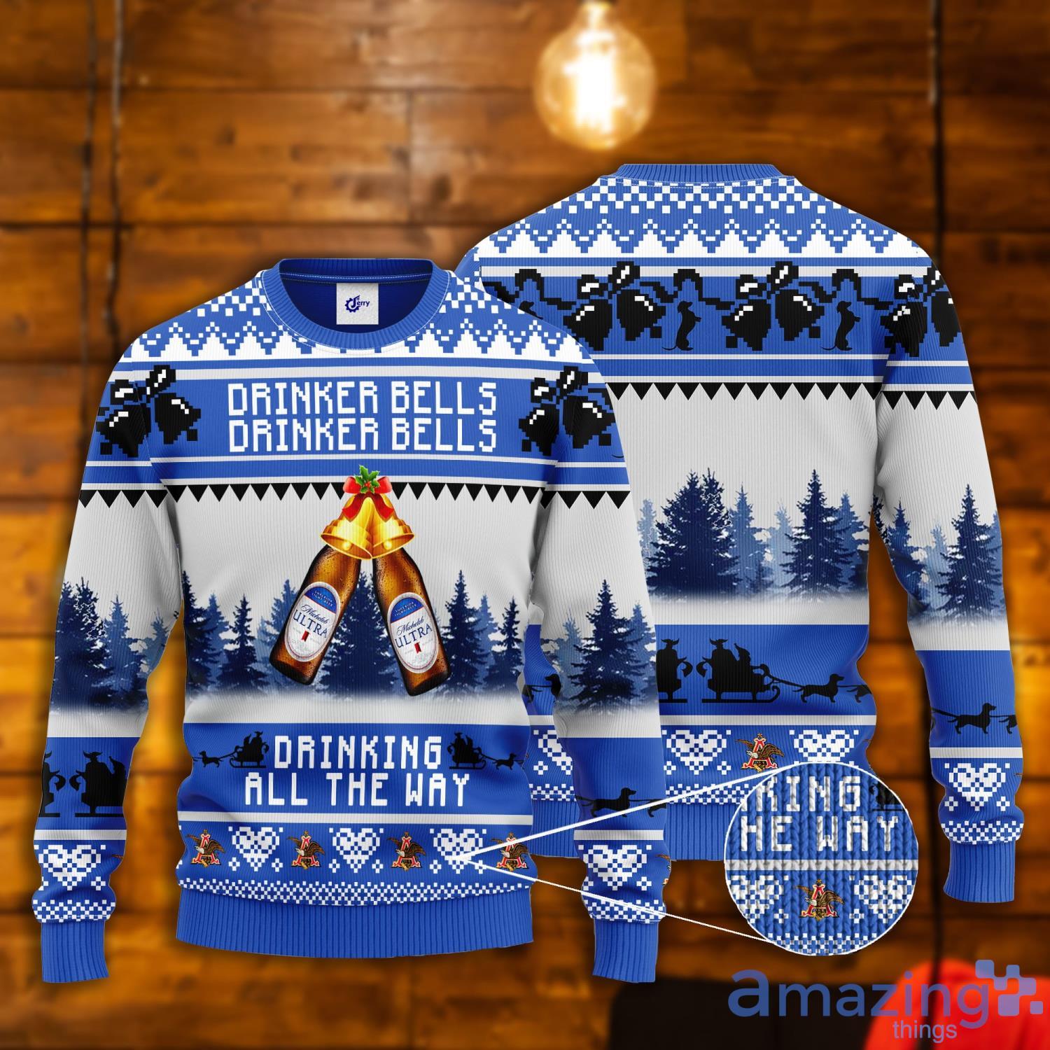 Michelob Ultra Drinker Bells Drinker Bells Drinking All The Way Ugly Christmas Sweater Product Photo 1 Michelob Ultra Drinker Bells Drinker Bells Drinking All The Way Ugly Christmas Sweater Product Photo 1