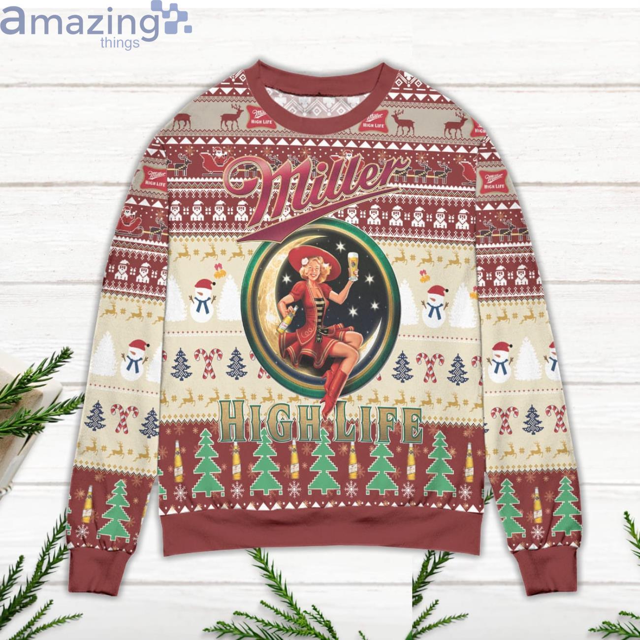 Miller High Life Pine Tree Pattern Ugly Christmas Sweater image Miller High Life Pine Tree Pattern Ugly Christmas Sweater Product Photo 2
